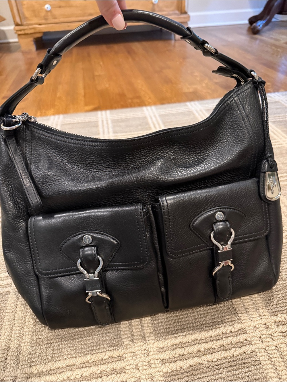 Cole Haan Black Leather Shoulder Bag with Dual Buckle Front Pockets